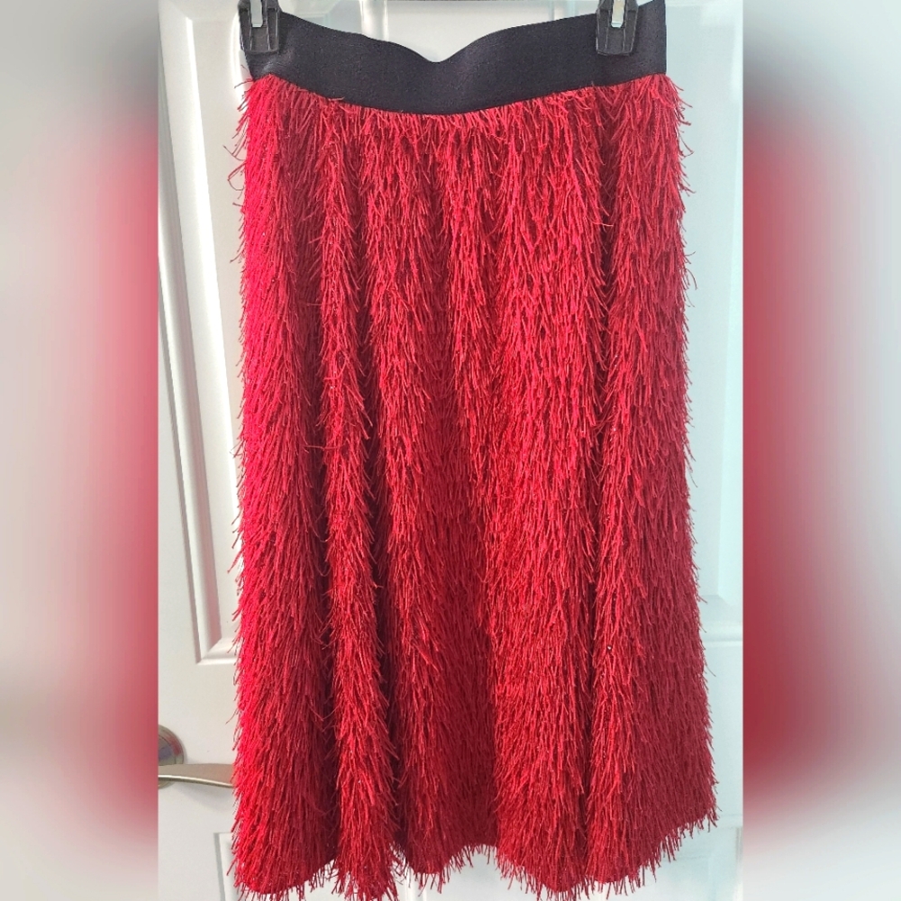 Lularoe Elegant Jill Skirt Red Fringe XS EUC Sparkle Holiday Midi